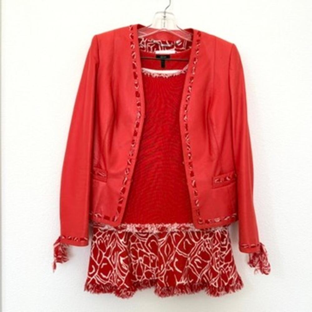 ESCADA Lambskin‎ Leather Jacket Silk Top Skirt 3pc Set Red Designer EU 40 Luxury